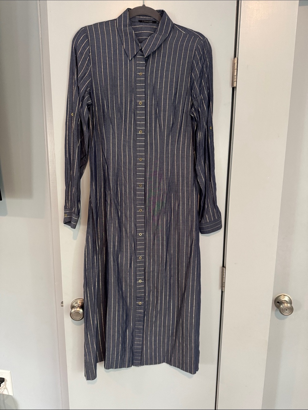 T Tahari Striped Navy/Gold Chambray Button-Front Midi Shirt Dress, Size 4